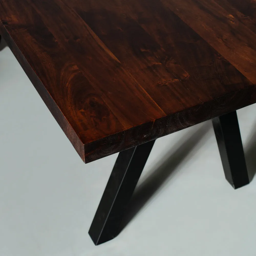 Acacia Solid Wood Straight Cut Table with Black Pyramid-Shaped Legs/Honey Walnut Color