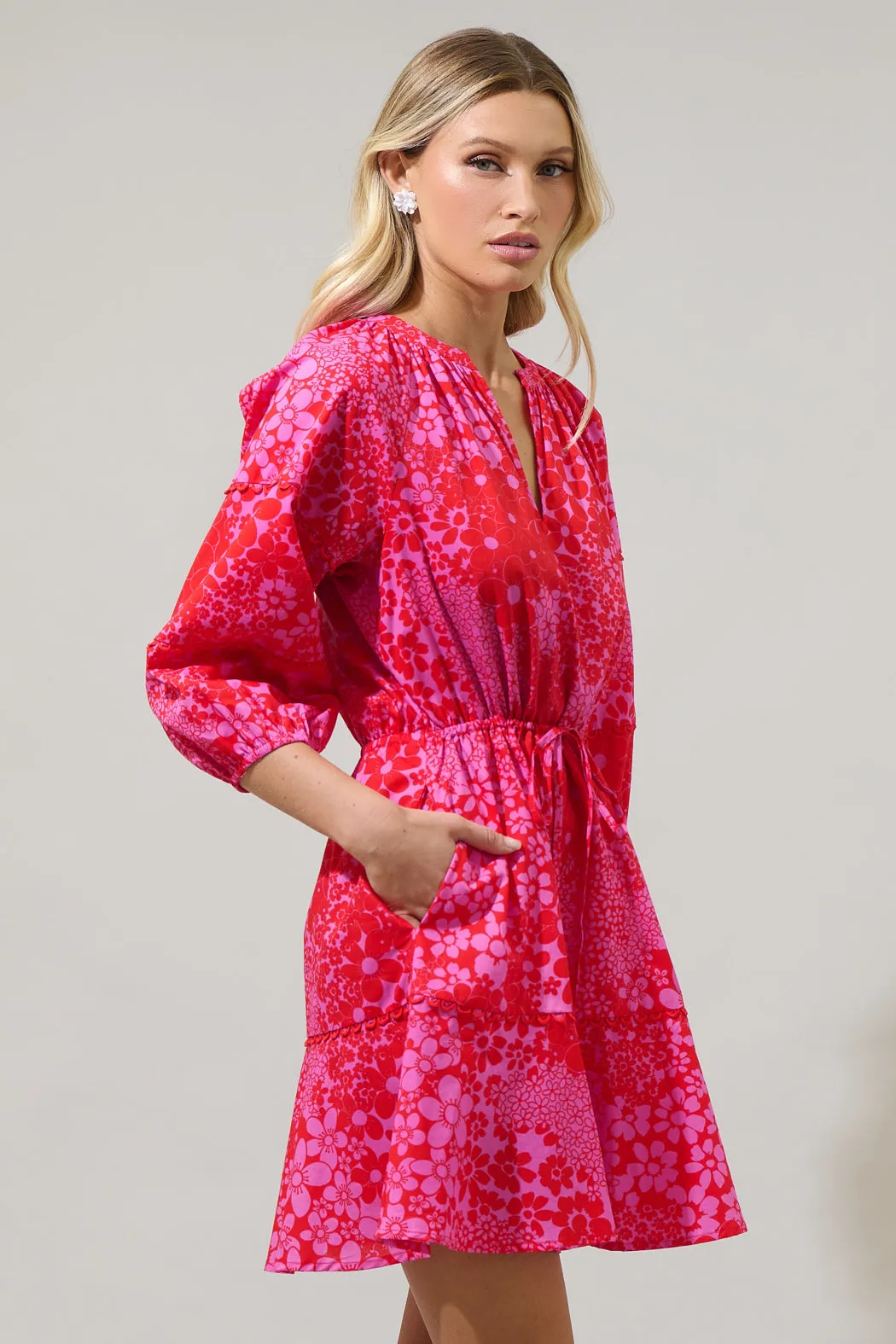 Addie Floral Dabria Split Neck Mini Dress