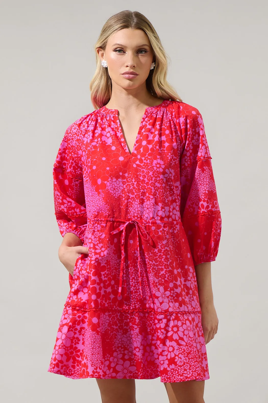 Addie Floral Dabria Split Neck Mini Dress
