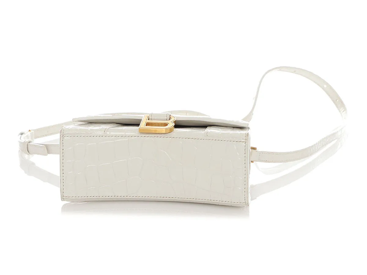 Balenciaga XS White Crocodile Embossed Hourglass Top Handle Bag