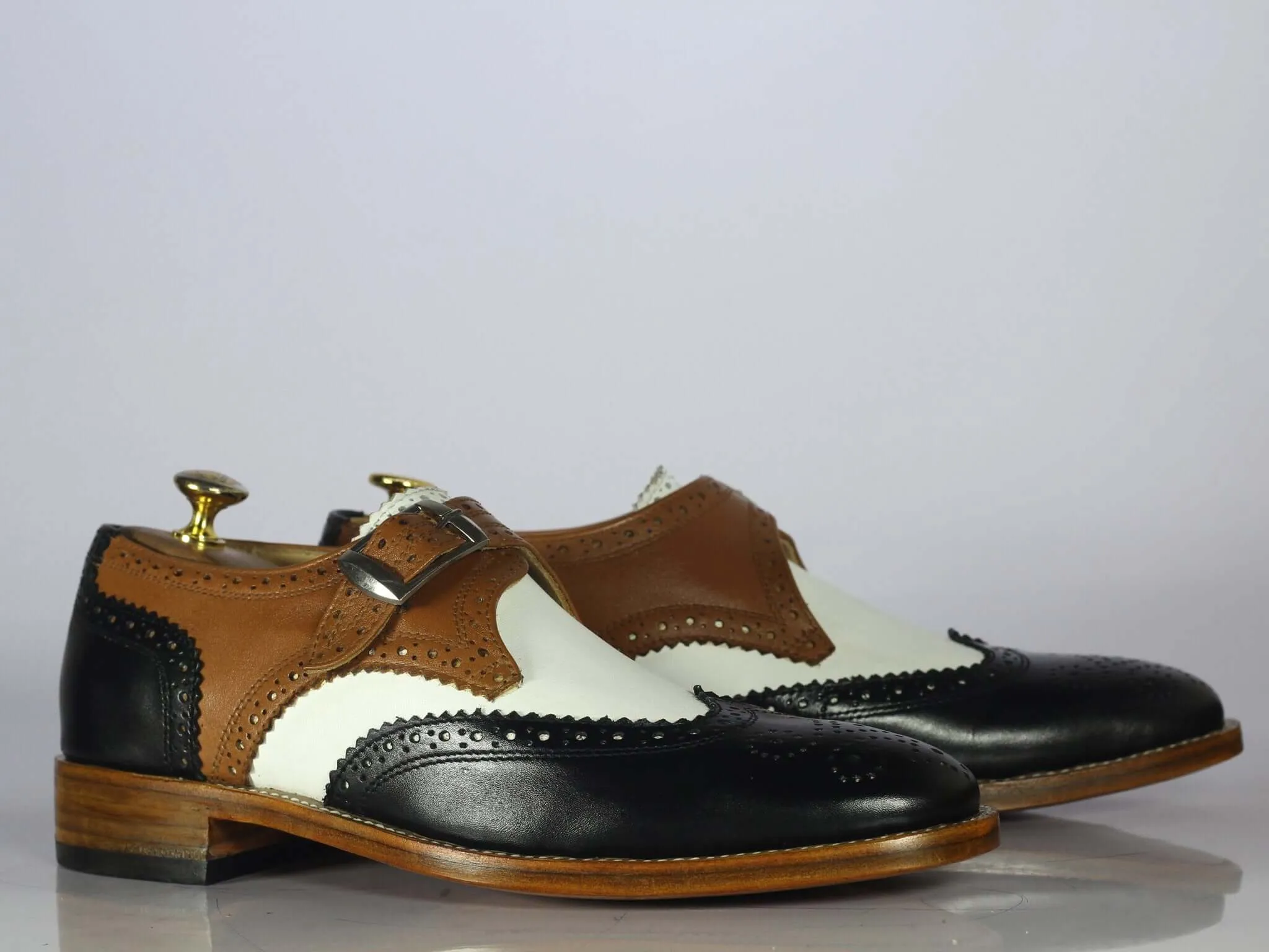 Bespoke Multi Color Leather Wing Tip Buckle Up Shoes, Men Monk Strap Dress Shoes