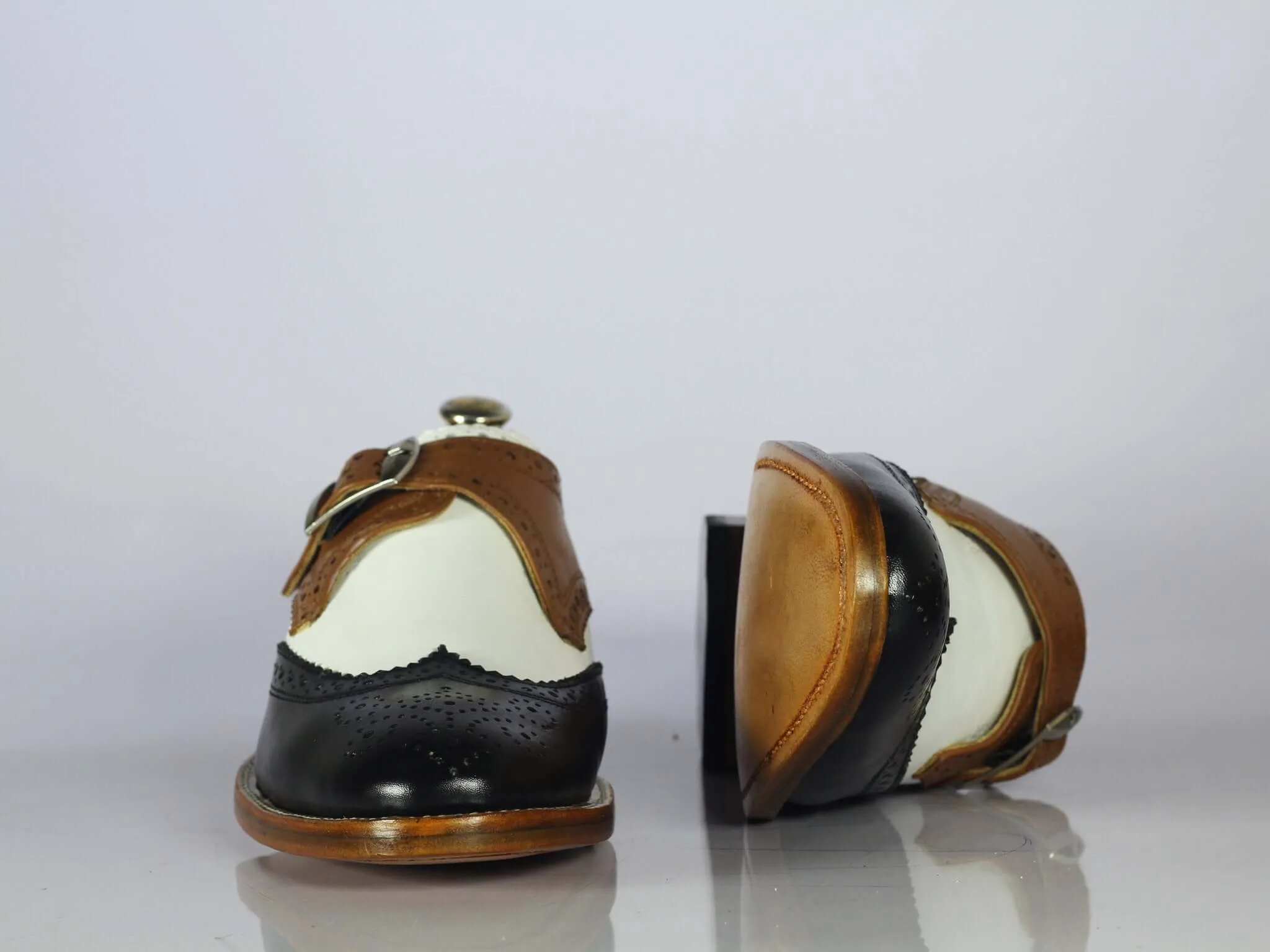 Bespoke Multi Color Leather Wing Tip Buckle Up Shoes, Men Monk Strap Dress Shoes
