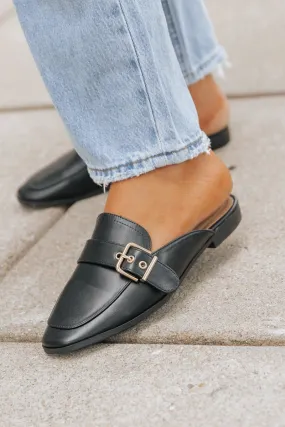 Black Buckled Slide On Mules - FINAL SALE