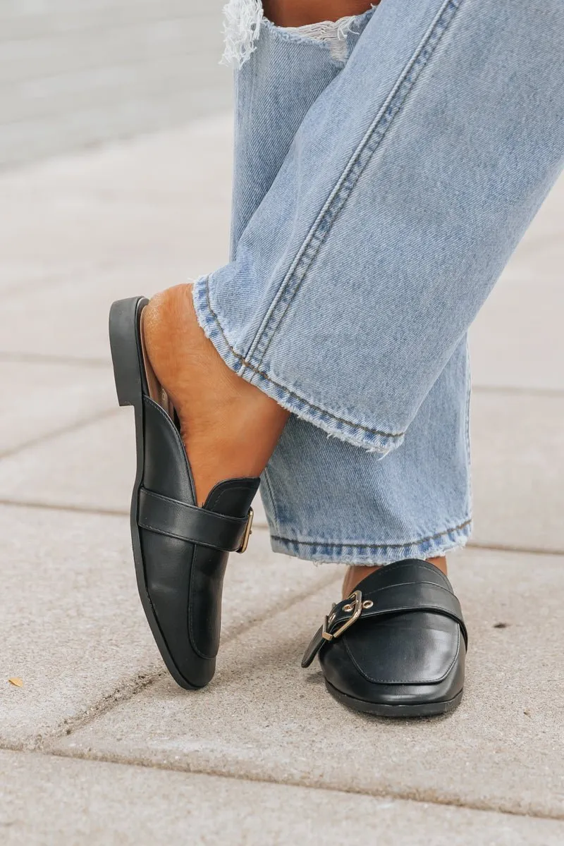 Black Buckled Slide On Mules - FINAL SALE