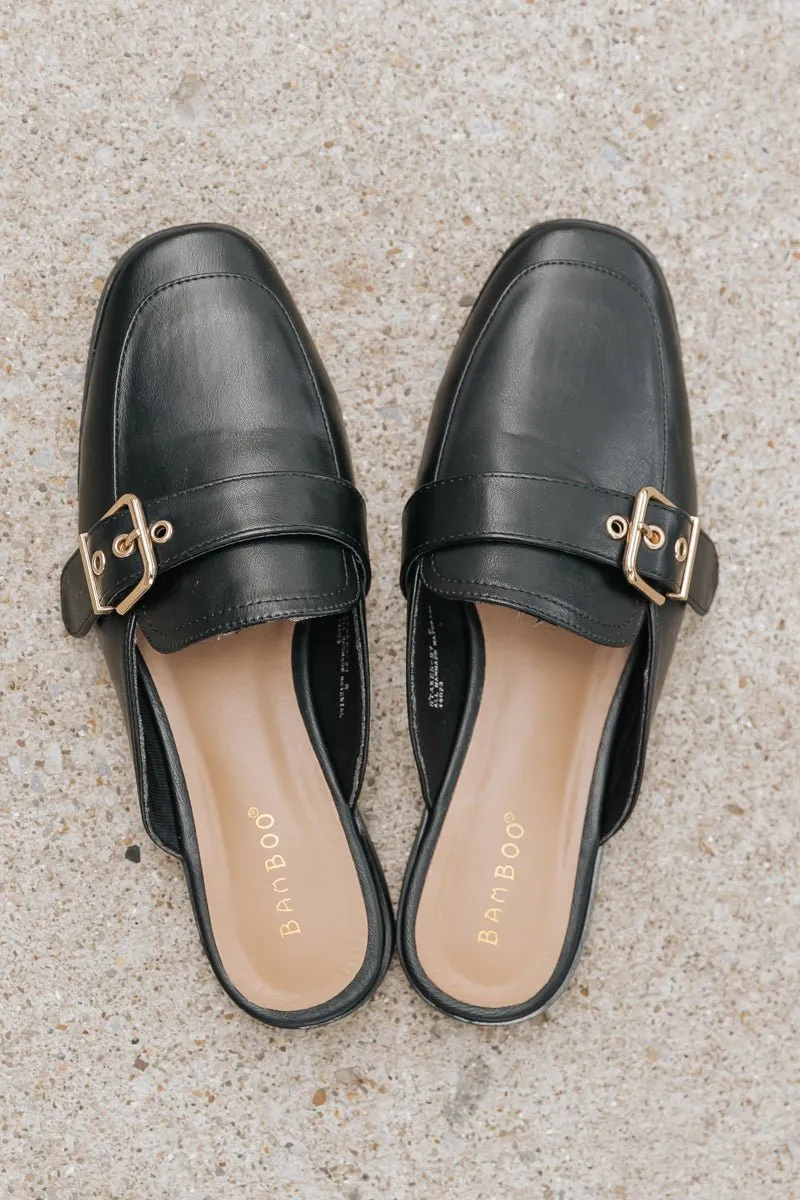 Black Buckled Slide On Mules - FINAL SALE