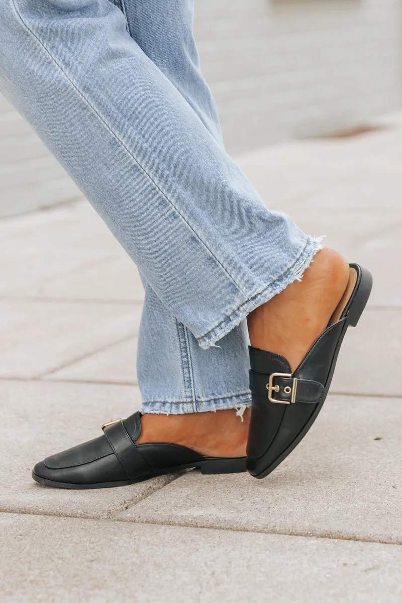 Black Buckled Slide On Mules - FINAL SALE