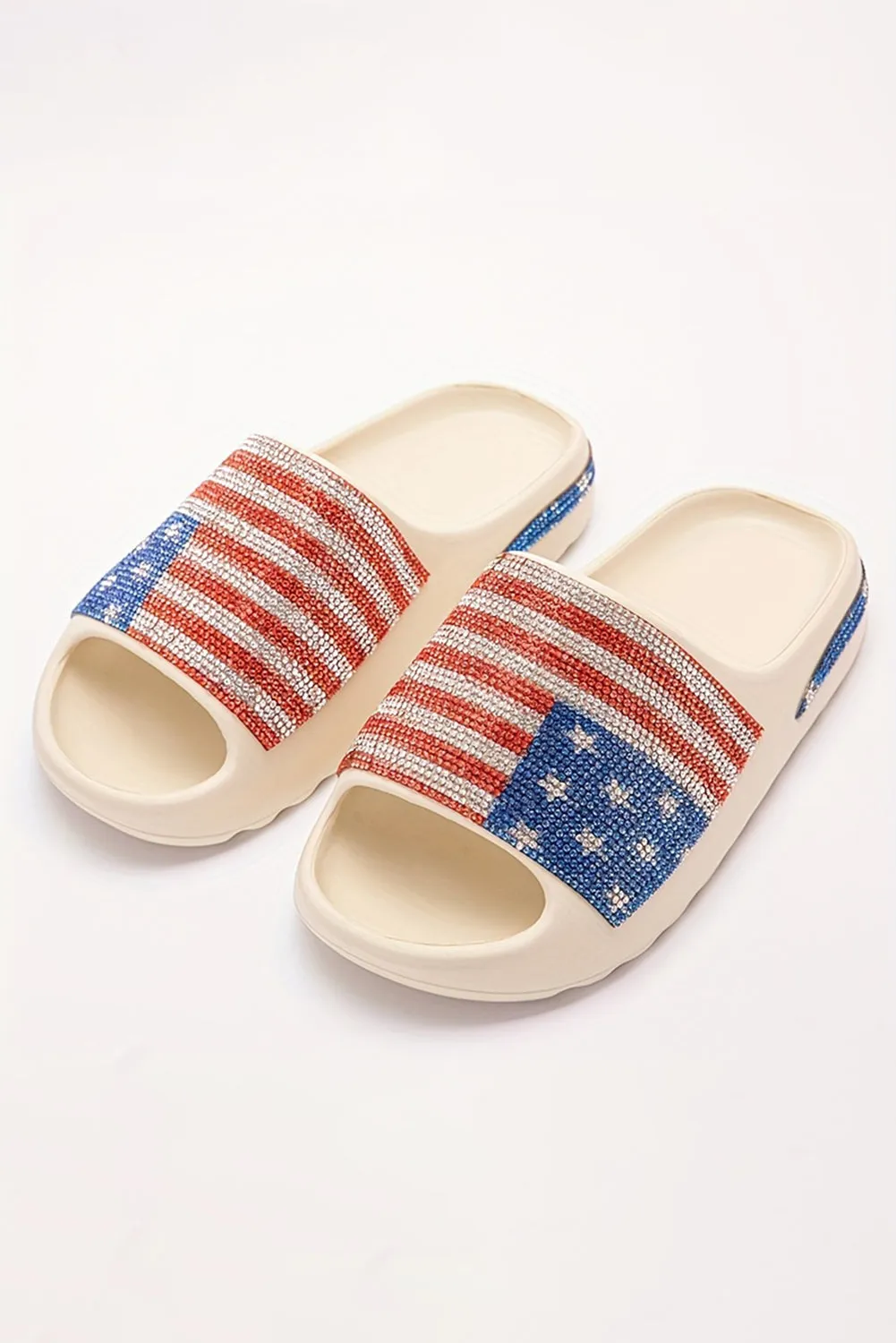 Black Rhinestone American Flag Thick Sole Slippers