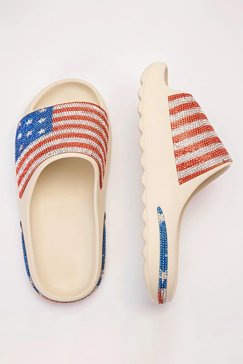 Black Rhinestone American Flag Thick Sole Slippers