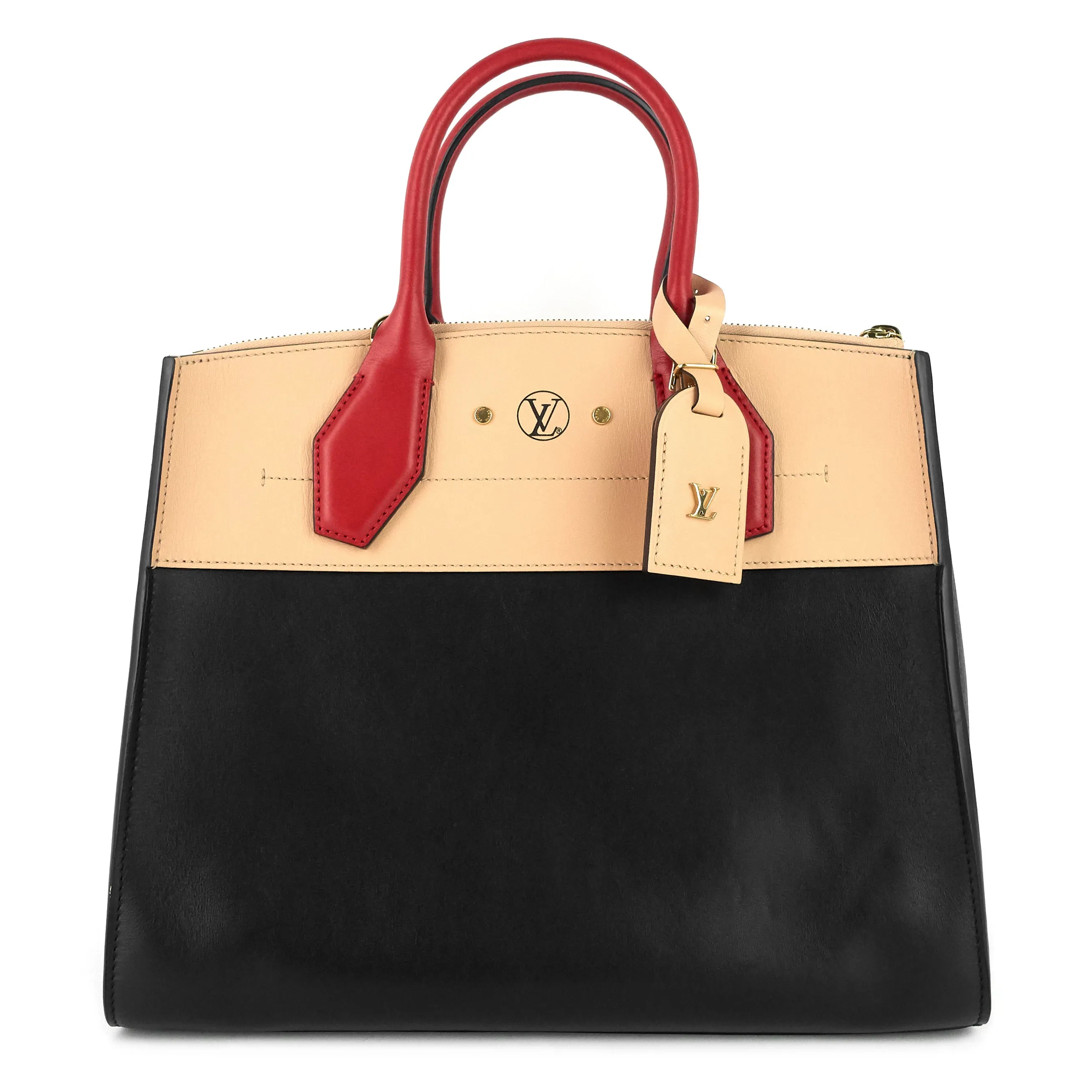 City Steamer MM Black Creme Bourgogne Calfskin Tote Bag