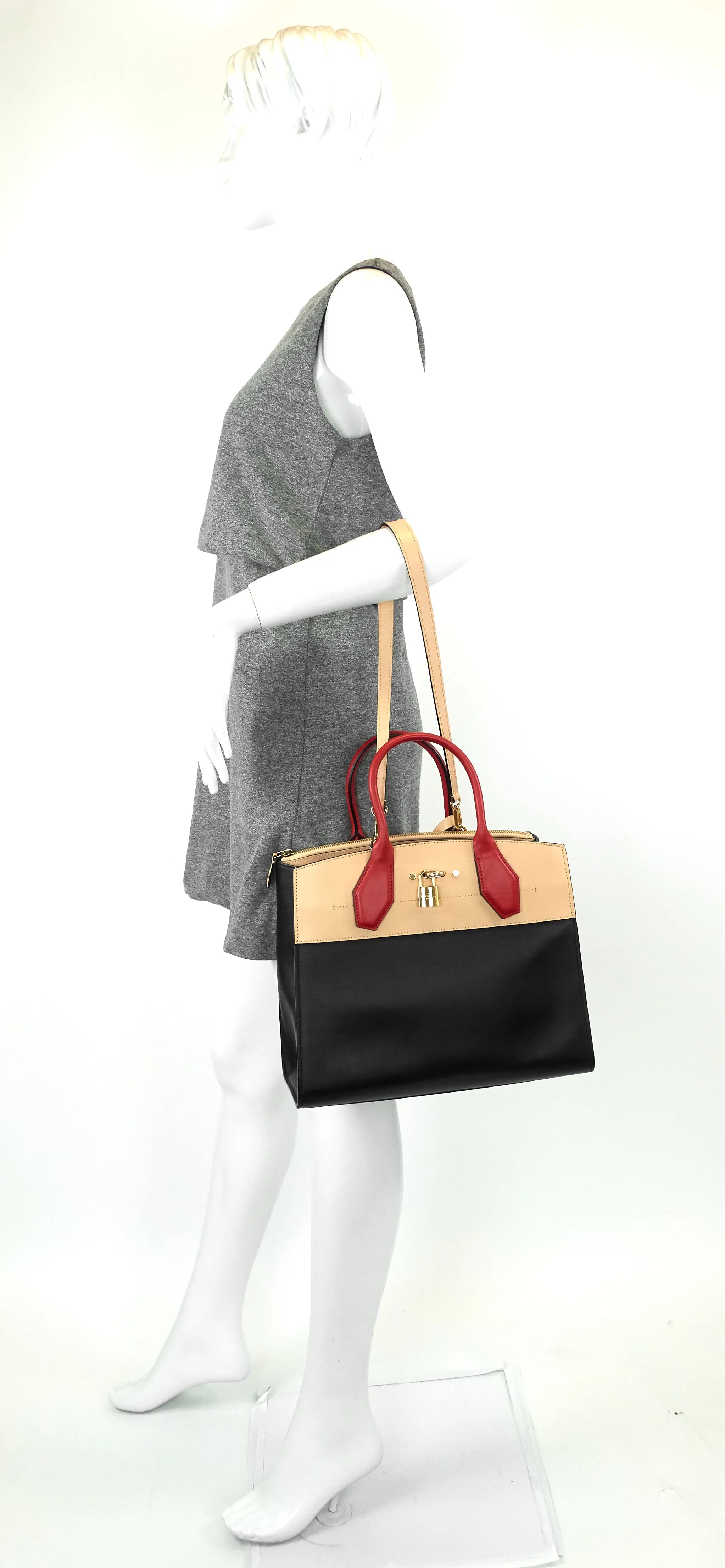 City Steamer MM Black Creme Bourgogne Calfskin Tote Bag