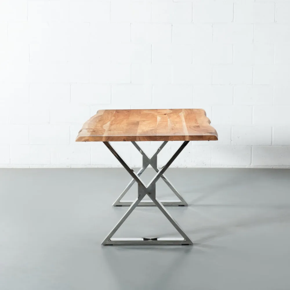 DANTON - Acacia Live Edge Table 3.5cm Thickness Top with X Chrome Legs
