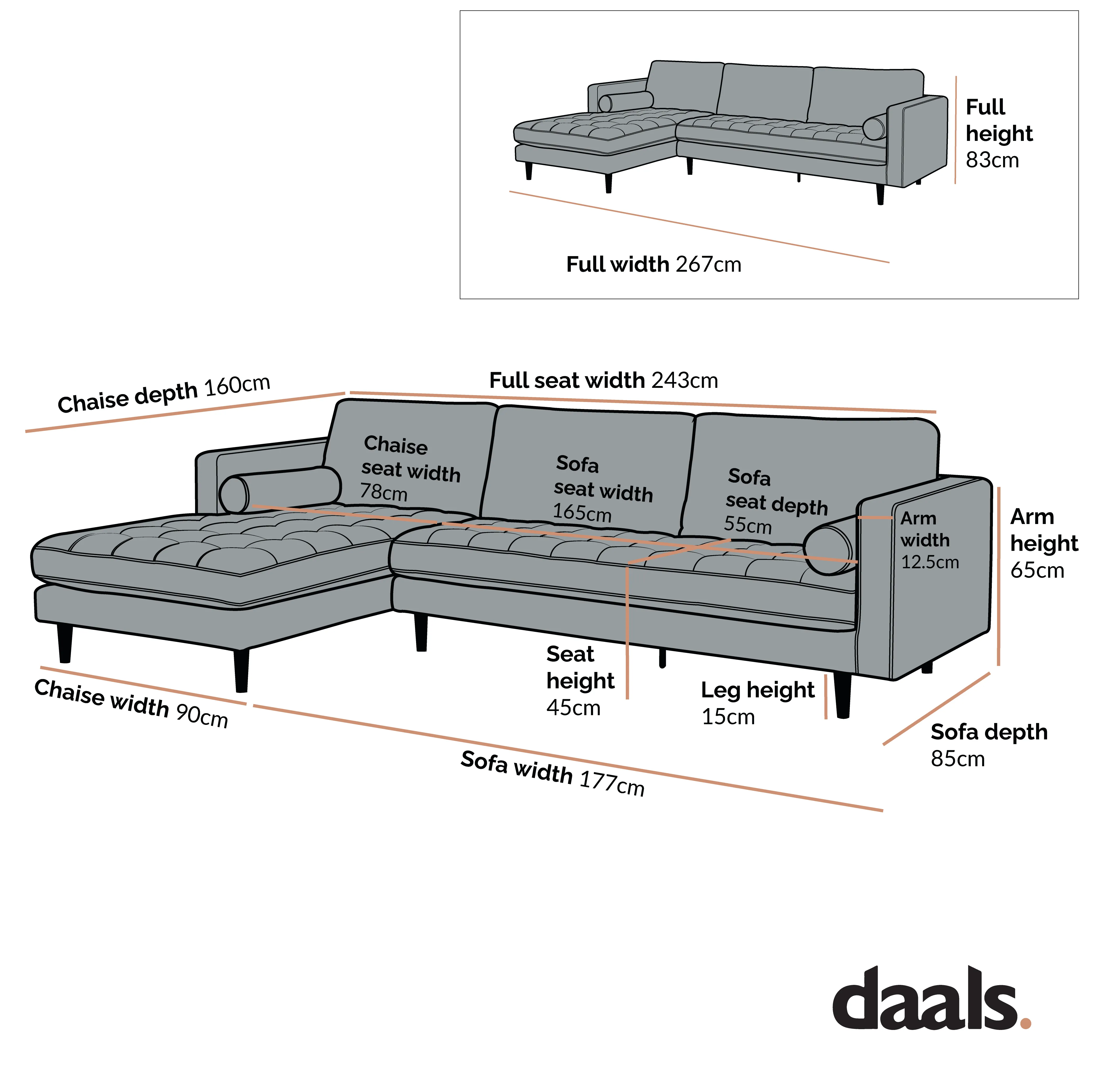 Henrietta Grand 4-Seater LHF Chaise End Sofa, Beige Woven Fabric