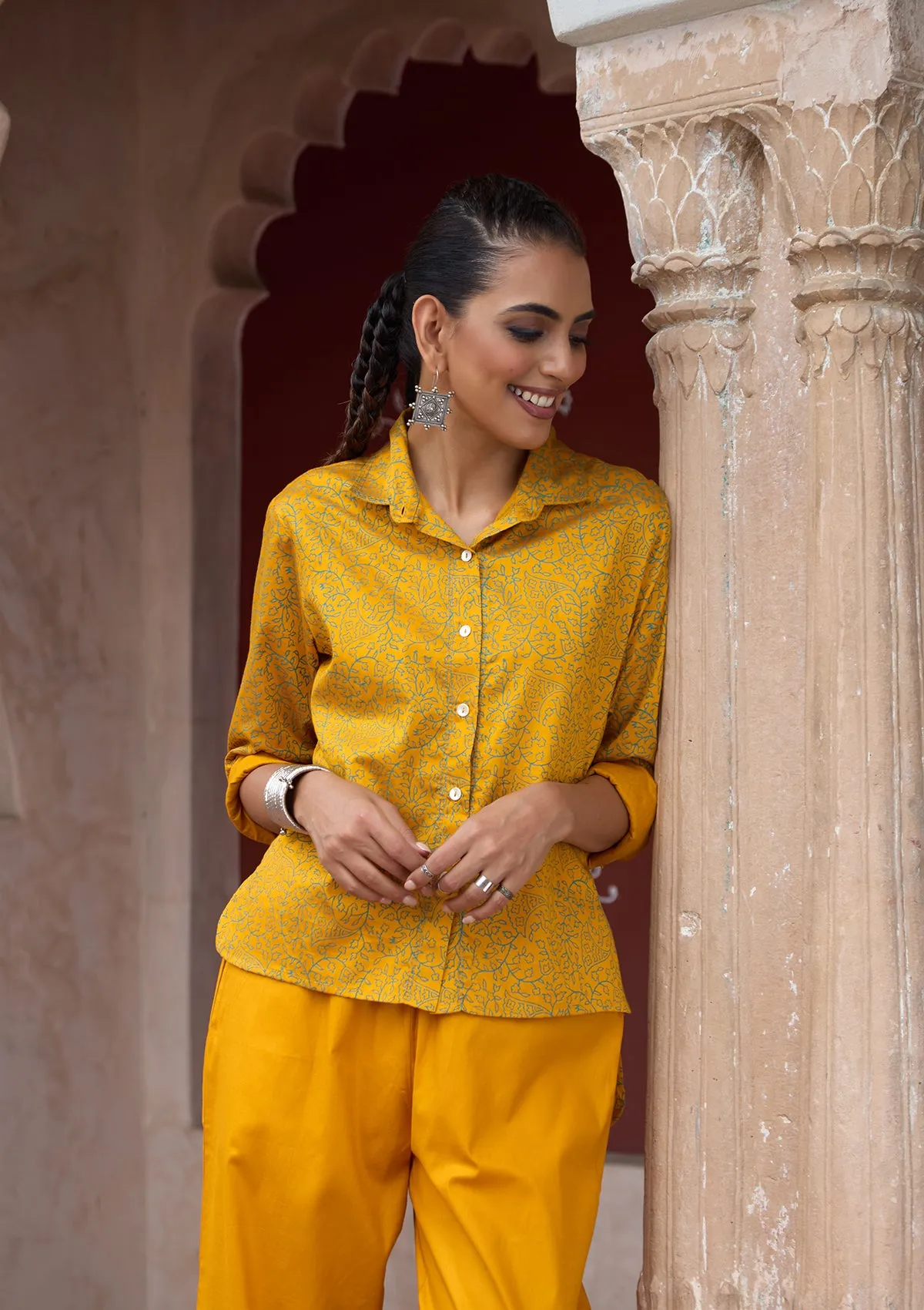 HOC Crafts Glazed Cotton Hand Block Printed with Hand Embroidery Women's 2 PC Co-ord Set - Mustard