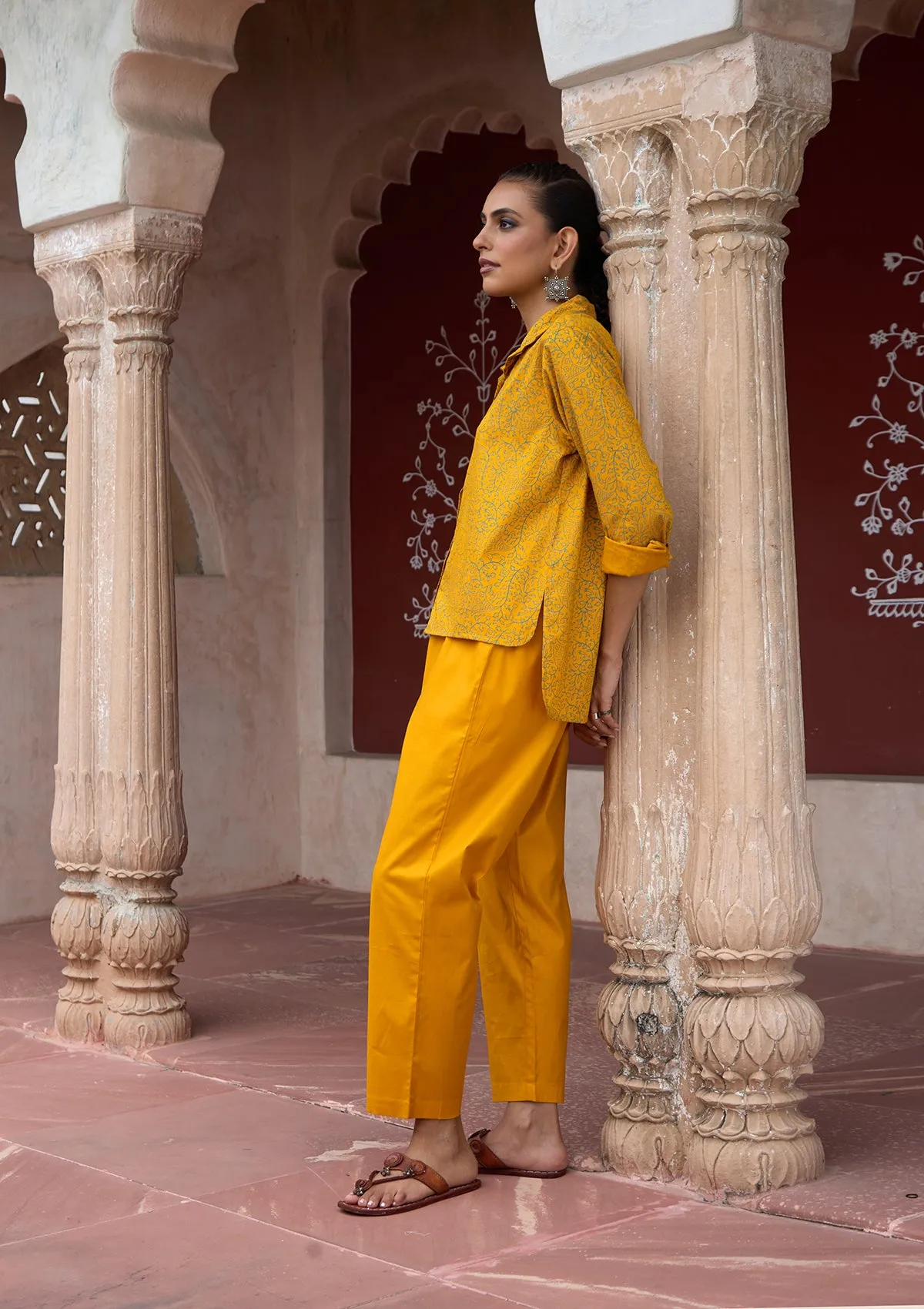 HOC Crafts Glazed Cotton Hand Block Printed with Hand Embroidery Women's 2 PC Co-ord Set - Mustard