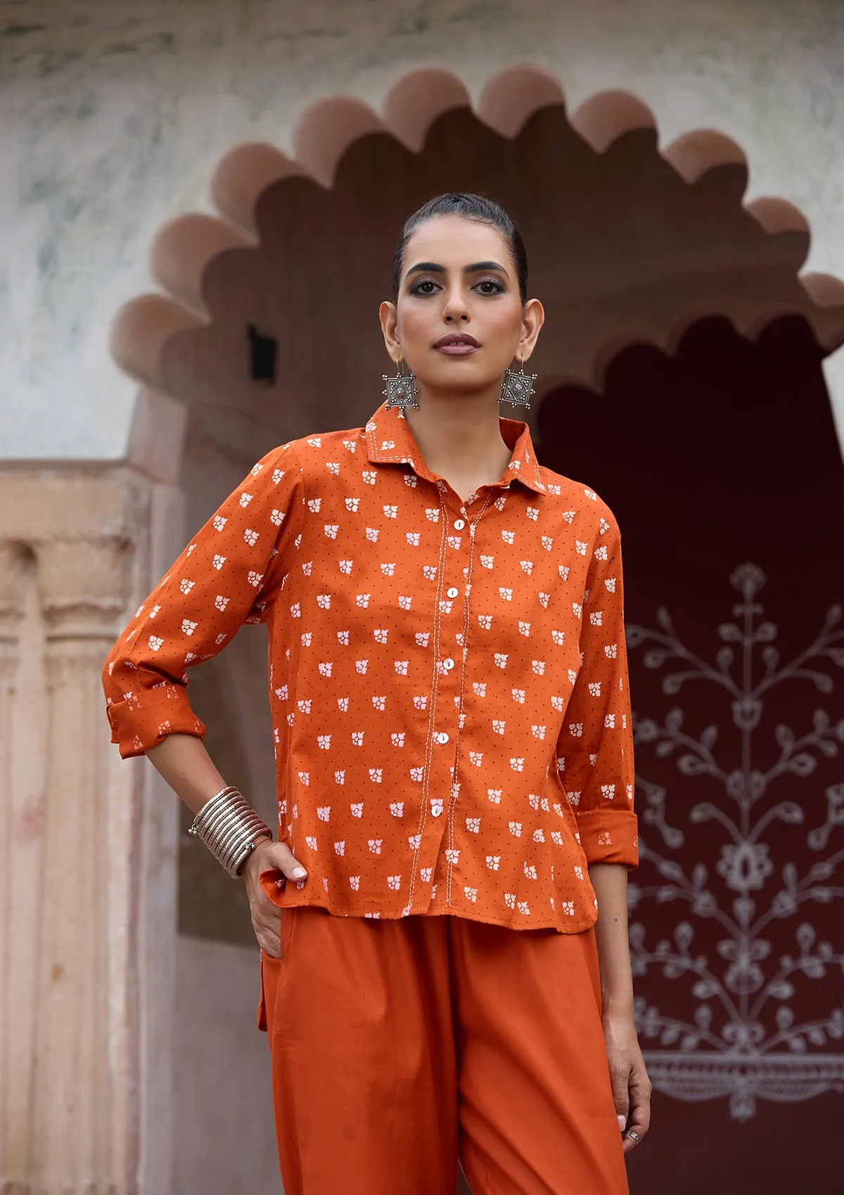 HOC Crafts Glazed Cotton Hand Block Printed with Hand Embroidery Women's 2 PC Co-ord Set - Orange