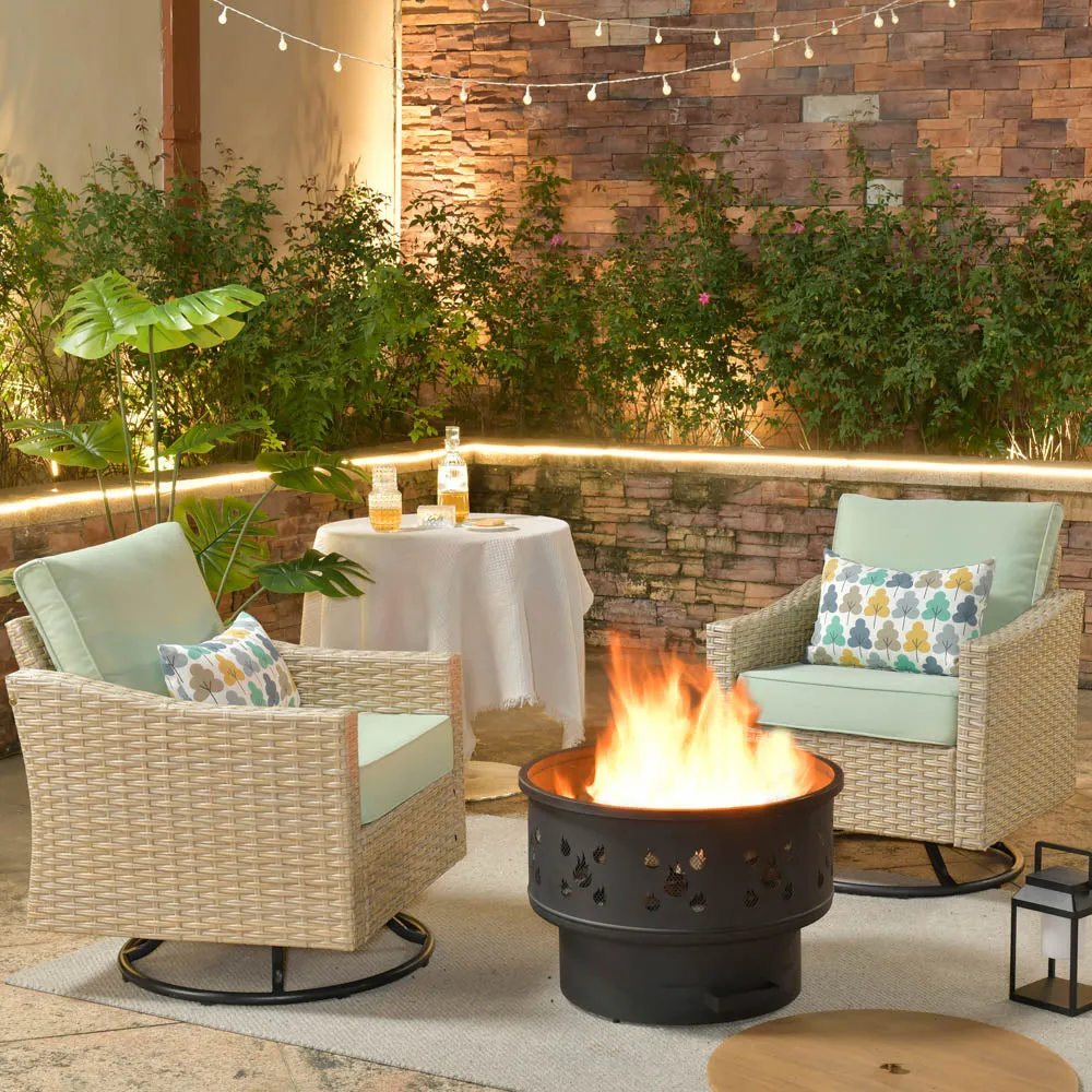 Ovios Athena Series Outdoor Patio Furniture 3-Piece Set with Fire Pit Swivel Chair