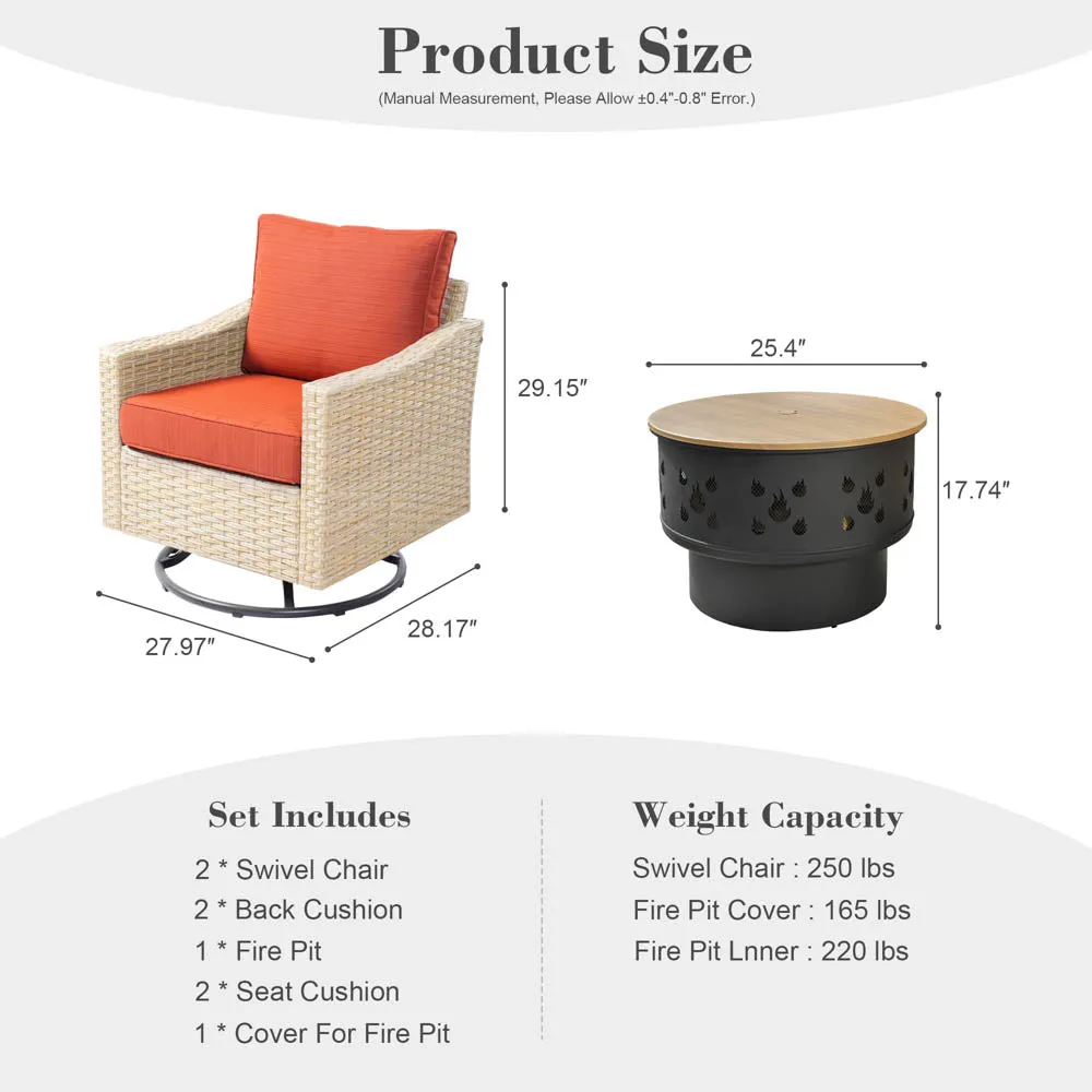 Ovios Athena Series Outdoor Patio Furniture 3-Piece Set with Fire Pit Swivel Chair