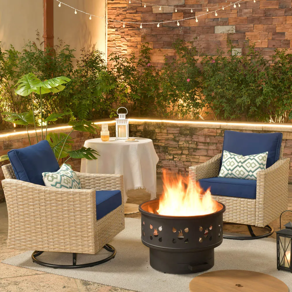 Ovios Athena Series Outdoor Patio Furniture 3-Piece Set with Fire Pit Swivel Chair