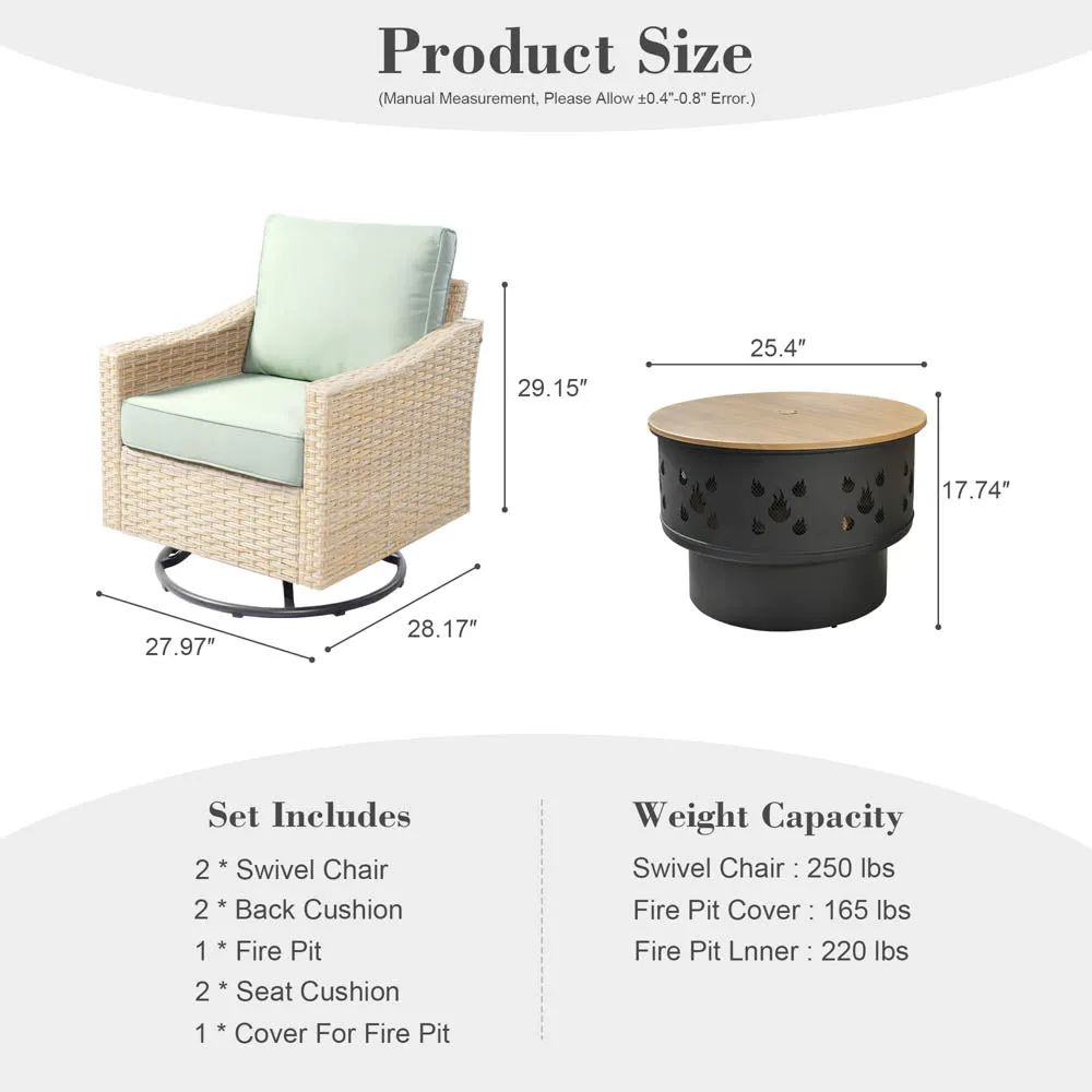 Ovios Athena Series Outdoor Patio Furniture 3-Piece Set with Fire Pit Swivel Chair