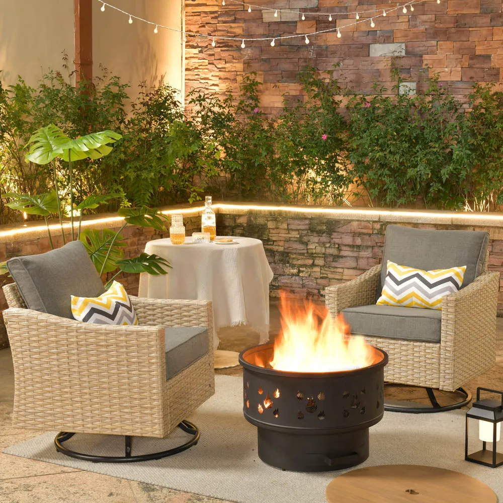 Ovios Athena Series Outdoor Patio Furniture 3-Piece Set with Fire Pit Swivel Chair