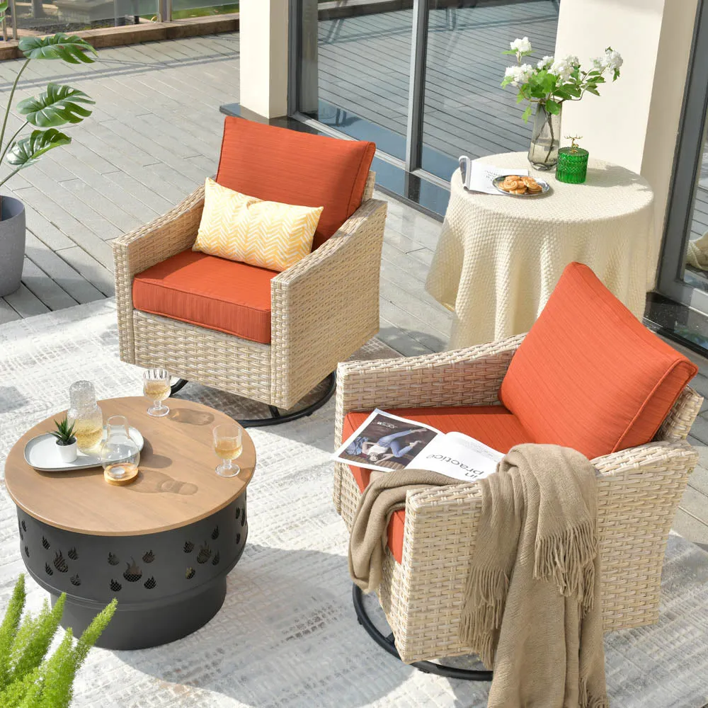 Ovios Athena Series Outdoor Patio Furniture 3-Piece Set with Fire Pit Swivel Chair