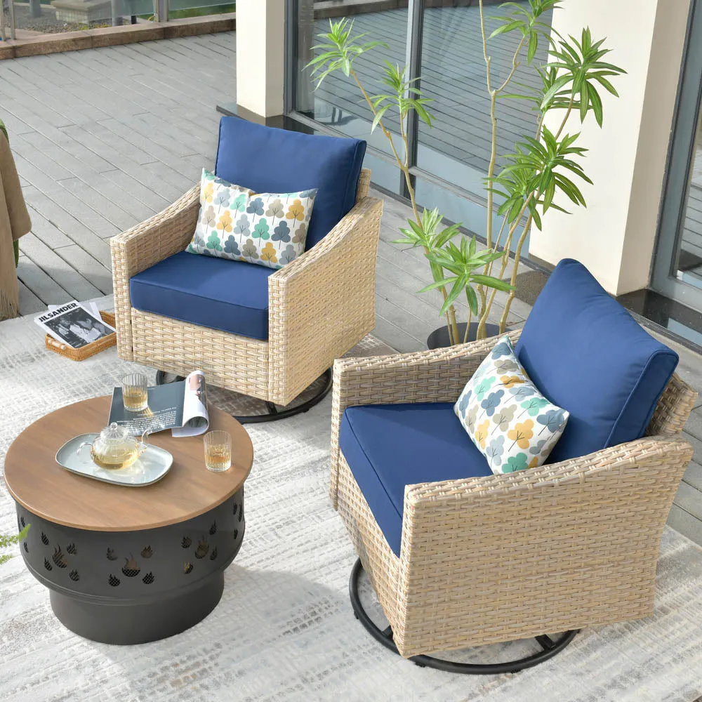 Ovios Athena Series Outdoor Patio Furniture 3-Piece Set with Fire Pit Swivel Chair