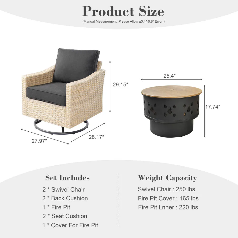 Ovios Athena Series Outdoor Patio Furniture 3-Piece Set with Fire Pit Swivel Chair