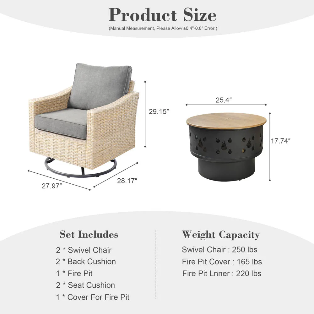 Ovios Athena Series Outdoor Patio Furniture 3-Piece Set with Fire Pit Swivel Chair