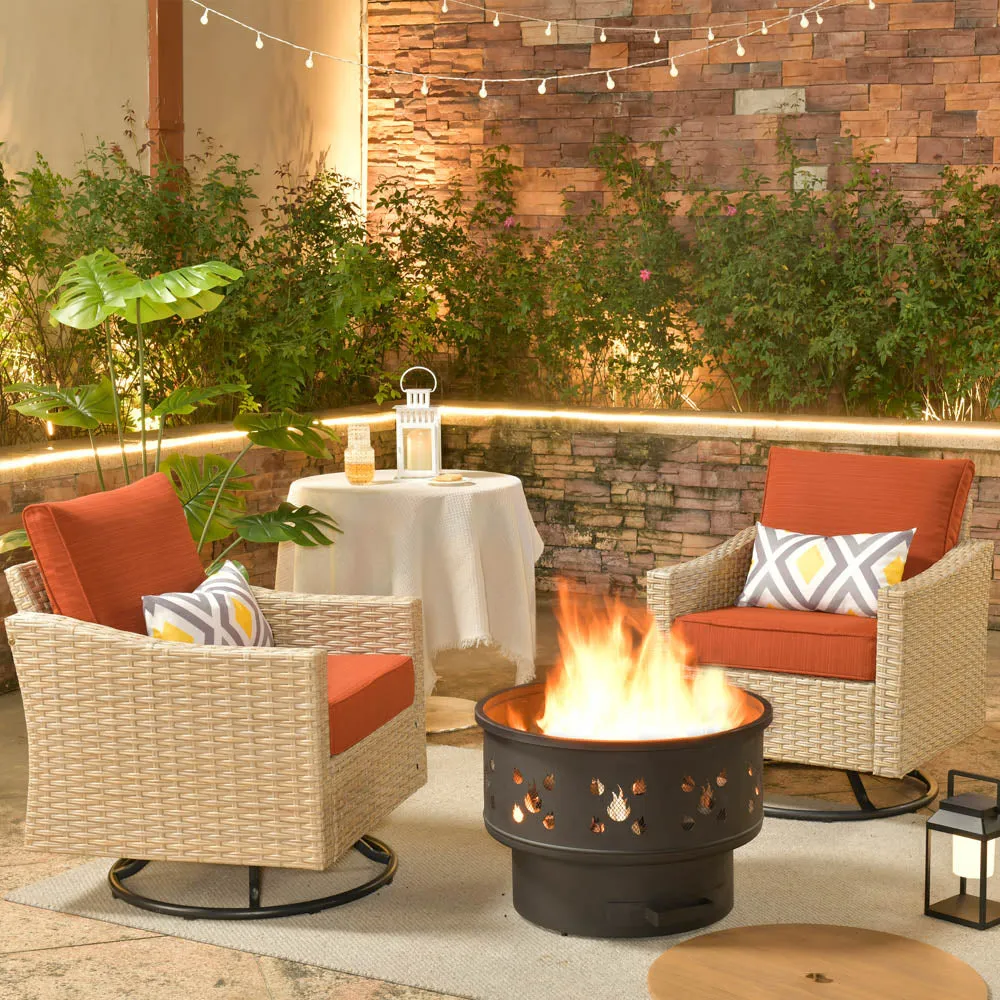 Ovios Athena Series Outdoor Patio Furniture 3-Piece Set with Fire Pit Swivel Chair