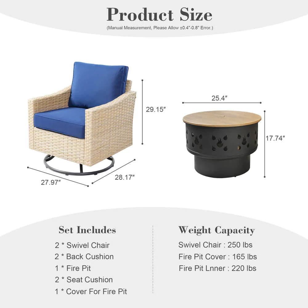 Ovios Athena Series Outdoor Patio Furniture 3-Piece Set with Fire Pit Swivel Chair