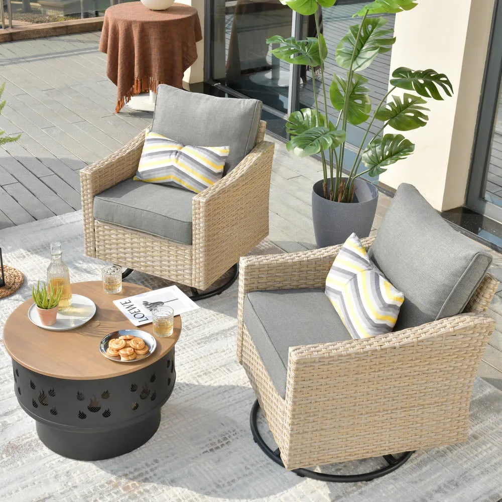 Ovios Athena Series Outdoor Patio Furniture 3-Piece Set with Fire Pit Swivel Chair