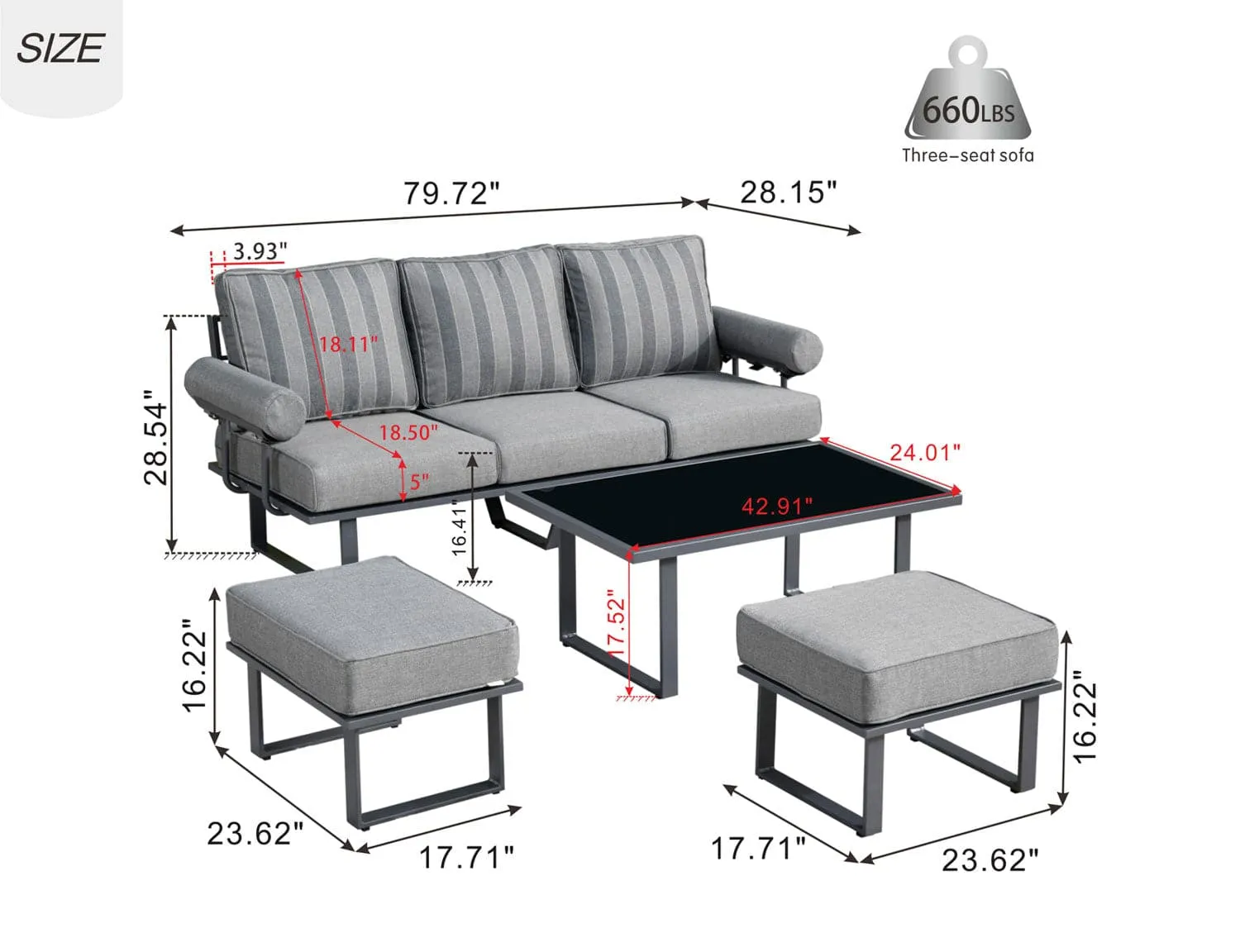 Ovios Patio Bistro Set Outdoor Furniture 4-Piece, Aluminum Frame, 5'' Cushion