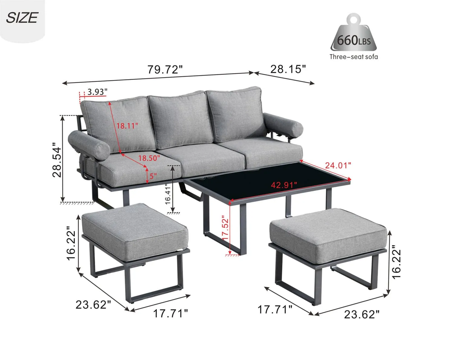 Ovios Patio Bistro Set Outdoor Furniture 4-Piece, Aluminum Frame, 5'' Cushion