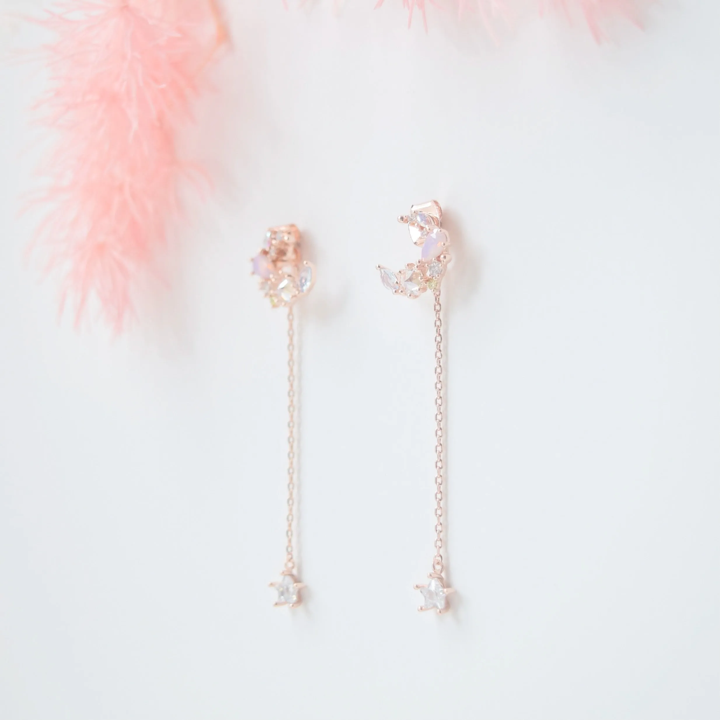 Rose Gold Crescent Moonflower Earrings