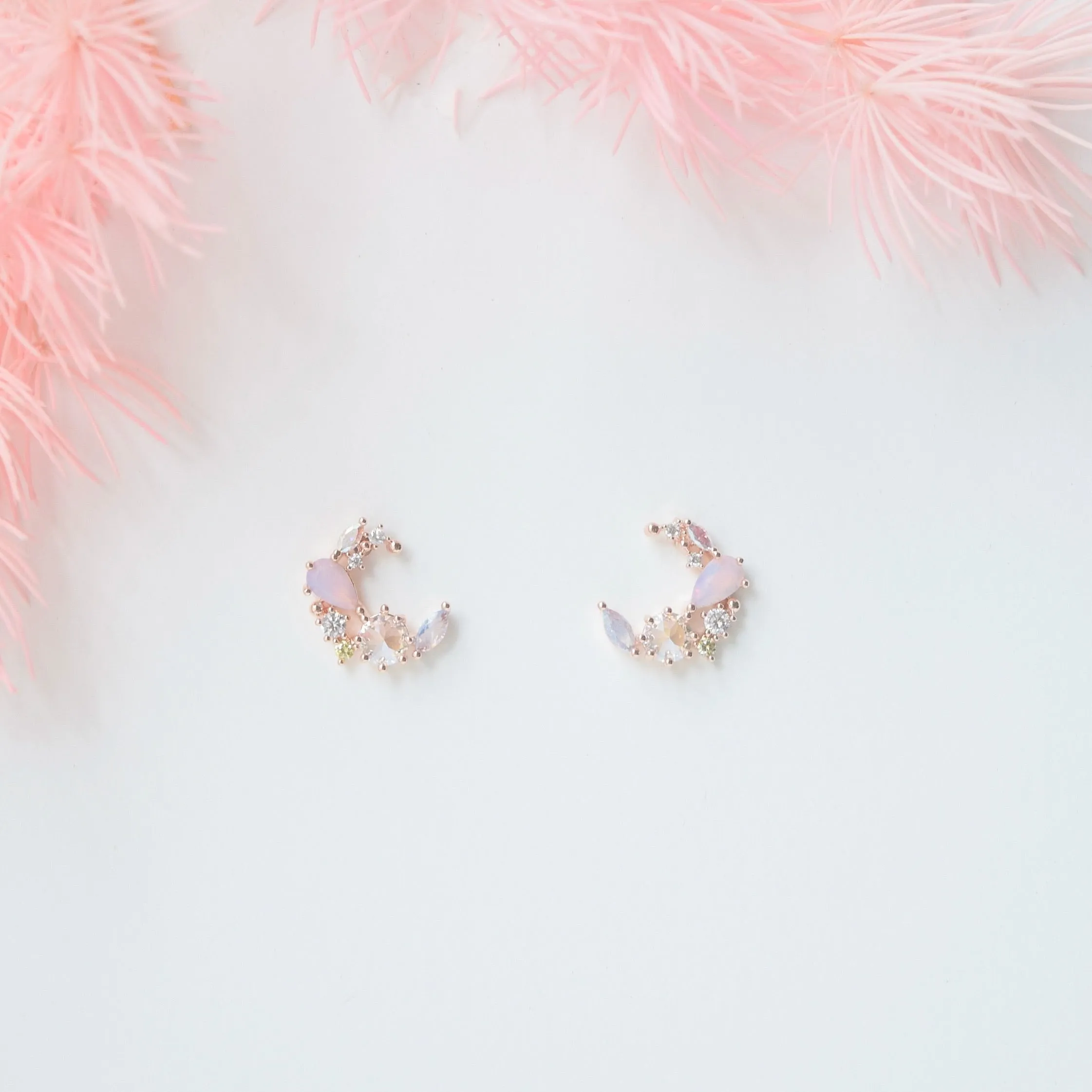 Rose Gold Crescent Moonflower Earrings