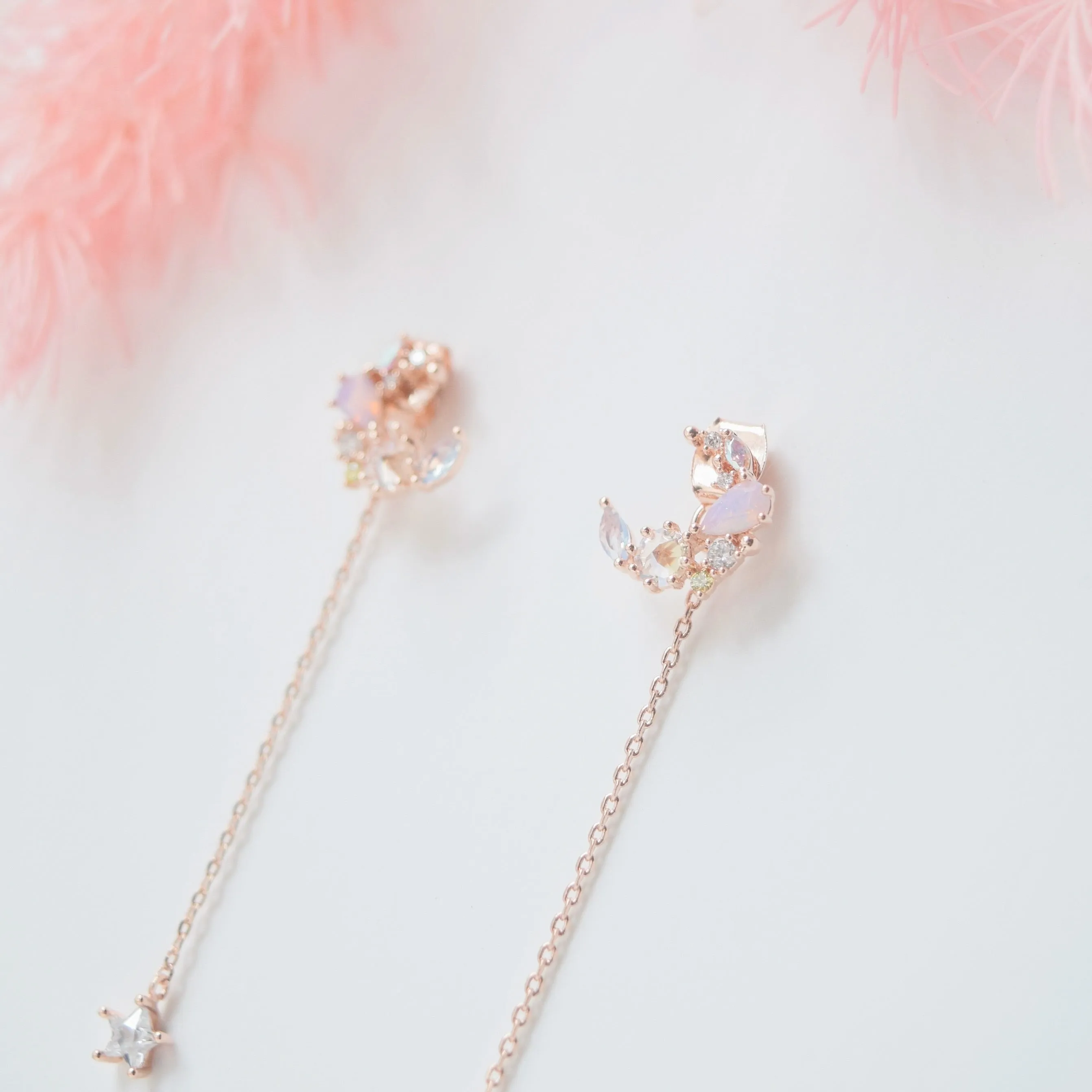 Rose Gold Crescent Moonflower Earrings