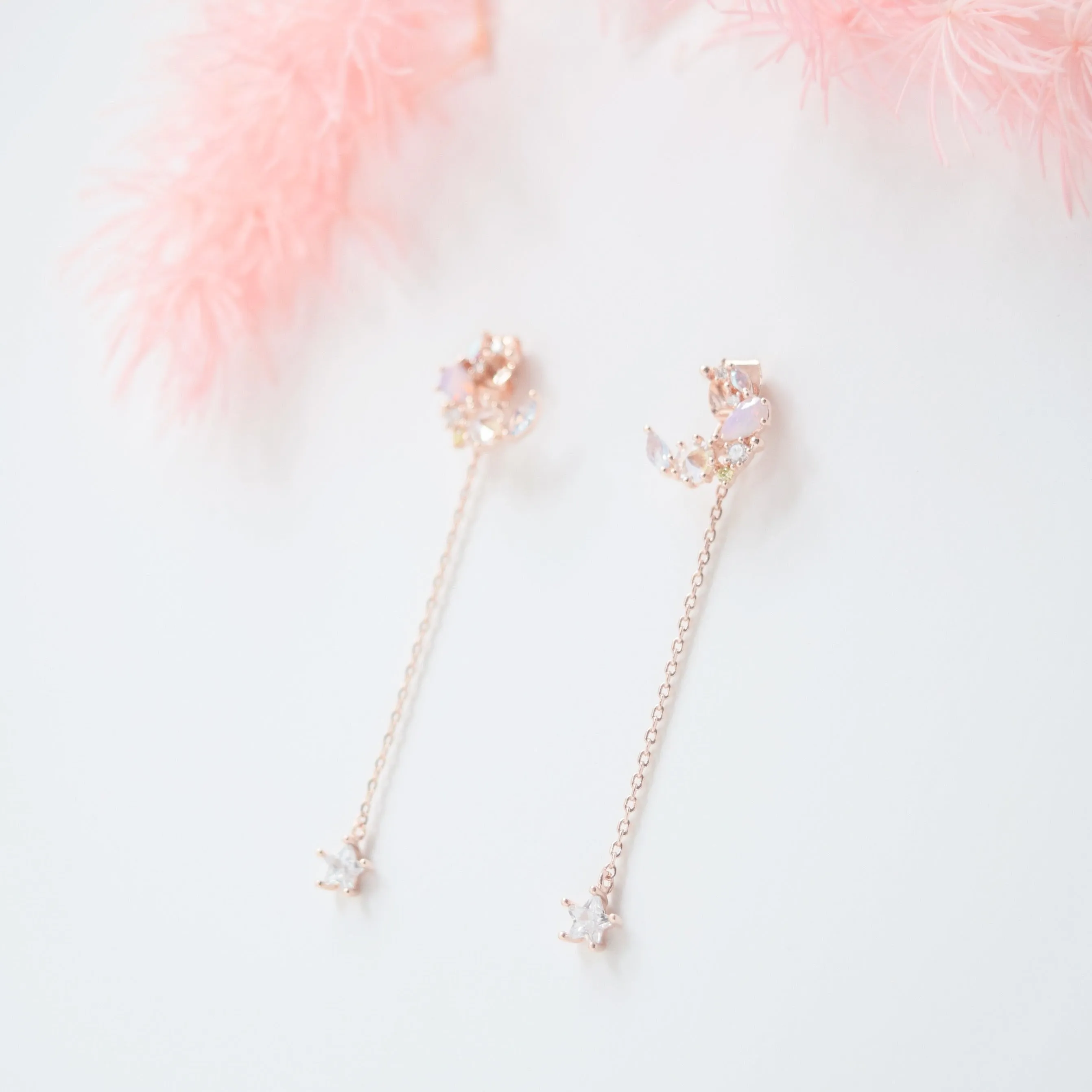 Rose Gold Crescent Moonflower Earrings