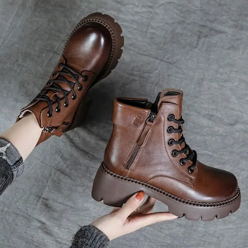 Short Boots Women Winter 2023 New High Rise Genuine Leather Women's Boots Short Sleeve Fashion Thick Heel Vintage Chelsea Boots