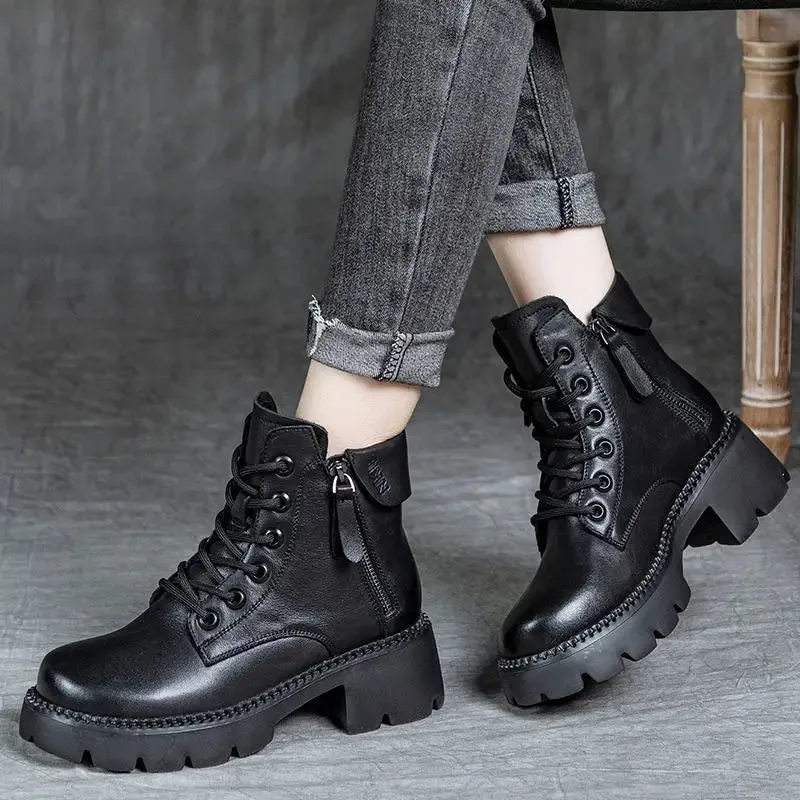 Short Boots Women Winter 2023 New High Rise Genuine Leather Women's Boots Short Sleeve Fashion Thick Heel Vintage Chelsea Boots