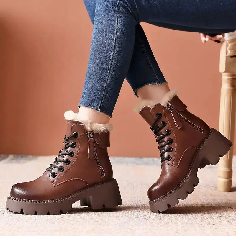 Short Boots Women Winter 2023 New High Rise Genuine Leather Women's Boots Short Sleeve Fashion Thick Heel Vintage Chelsea Boots
