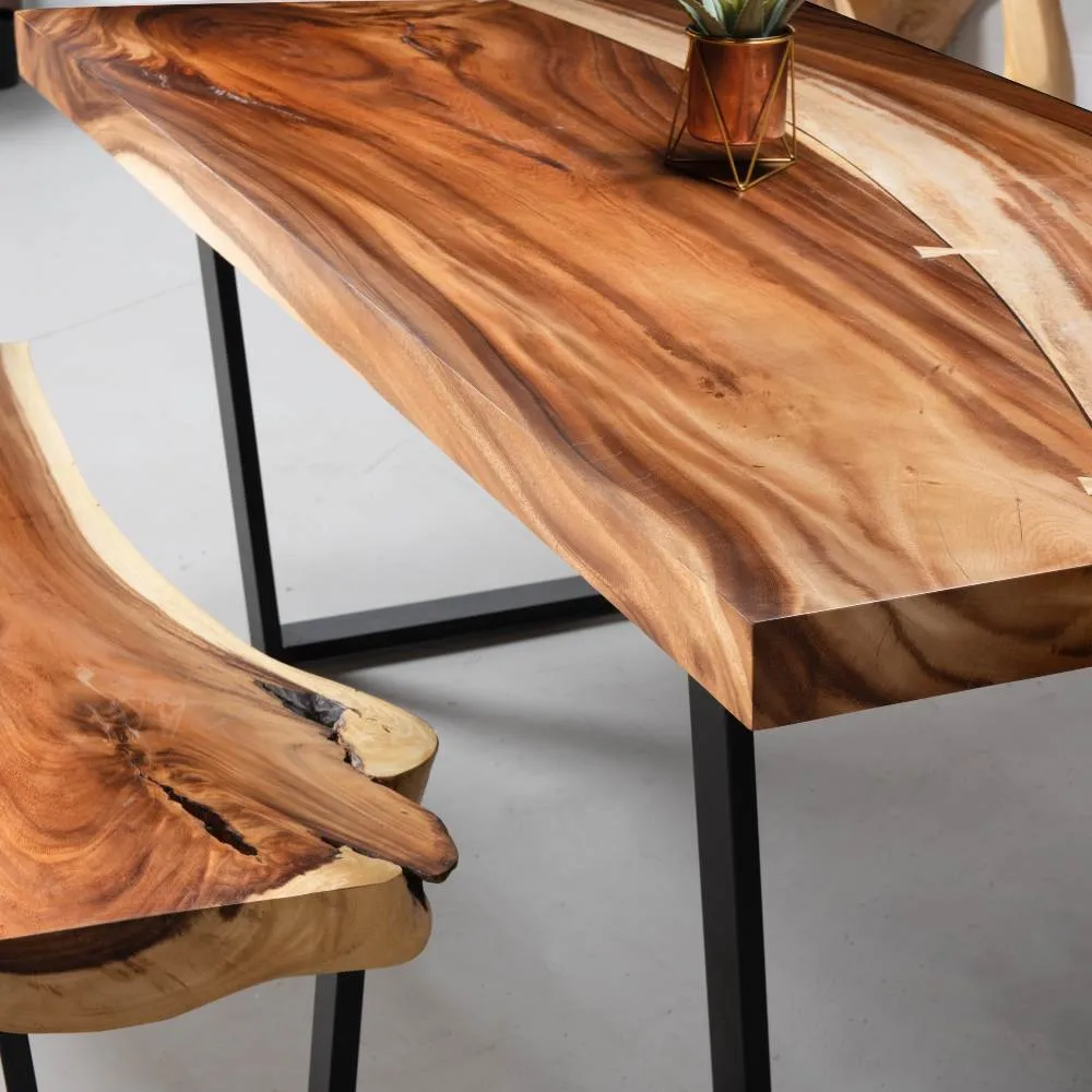 Straight Cut Suar Table with Black U Shaped Legs/Natural Finish