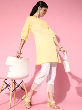 Yellow Flower Work Kurta With Cream Pants