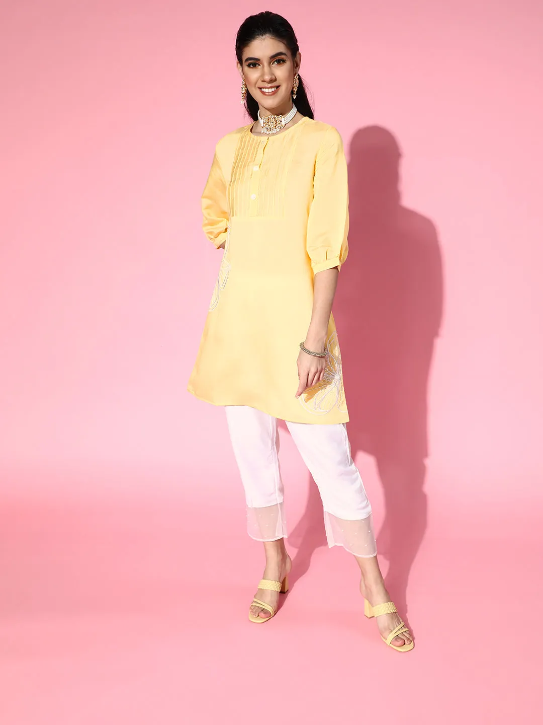 Yellow Flower Work Kurta With Cream Pants