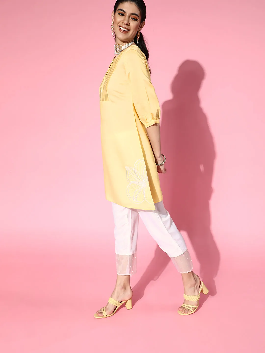 Yellow Flower Work Kurta With Cream Pants