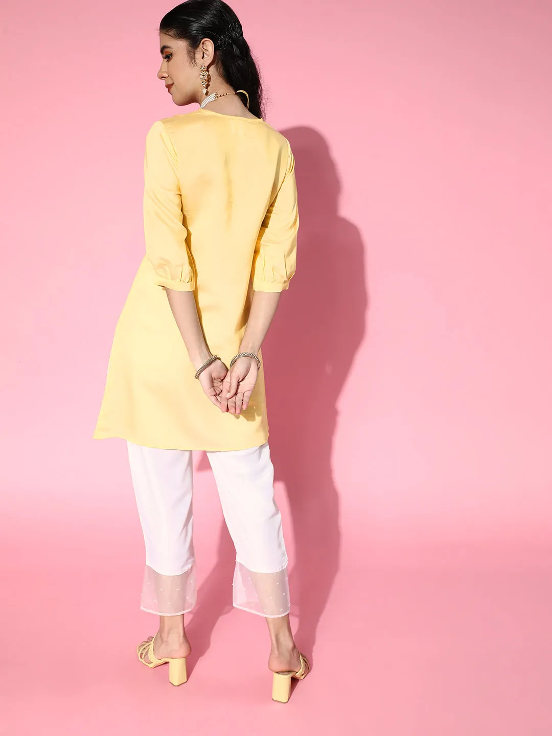 Yellow Flower Work Kurta With Cream Pants